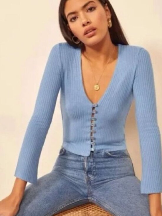 Reformation Sweaters - Reformation Pastel Blue Gellar Sweater size Medium Tencel V neck Feminine
